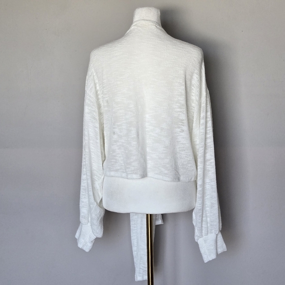 Stitch + Feather Tie Front Cardigan Balloon Sleeves Gauzy Layering Boho Sweater - Picture 3 of 12